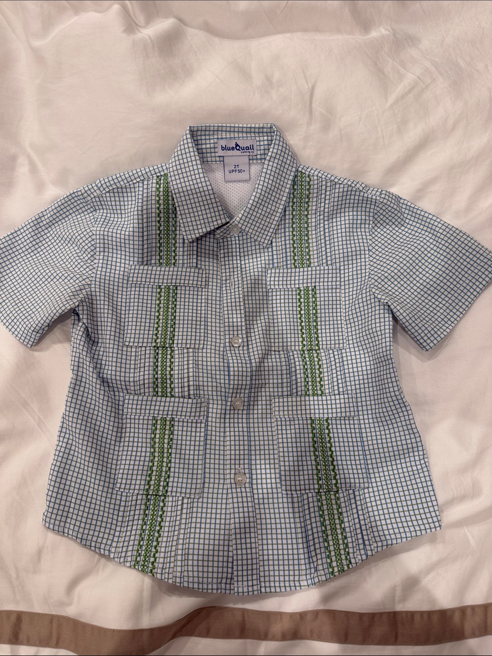 Blue Quail - Boys' Light Blue Checked Short Sleeve Shirt with Green Trim